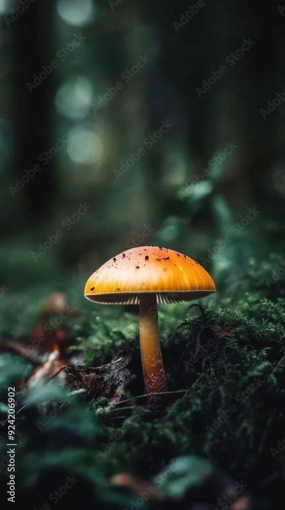 Fototapeta premium An orange mushroom stands out on a mossy forest floor, illuminated by soft morning light