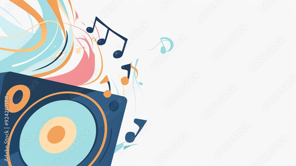 Obraz premium a minimalist flat 2D vector style speaker on the left side of a widescreen canvas, with a few simple geometric music notes emerging from it and floating across to the right, generative ai