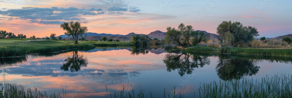 Soft hues of the sunset sky reflect on the calm water, surrounded by a vibrant landscape of trees, grass, and distant mountains. Soft hues of the sunset sky reflect on the calm water, surrounded by a vibrant landscape of trees, grass, and distant mountains.