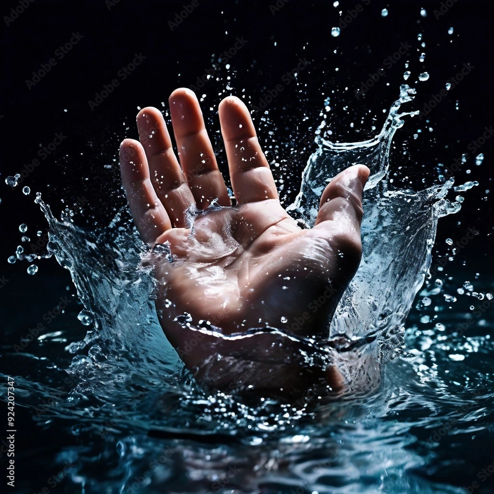 Fototapeta premium The hand emerged from the water and splashed due to the speed of the hand. People's hands are sinking and asking for help. Generative AI.