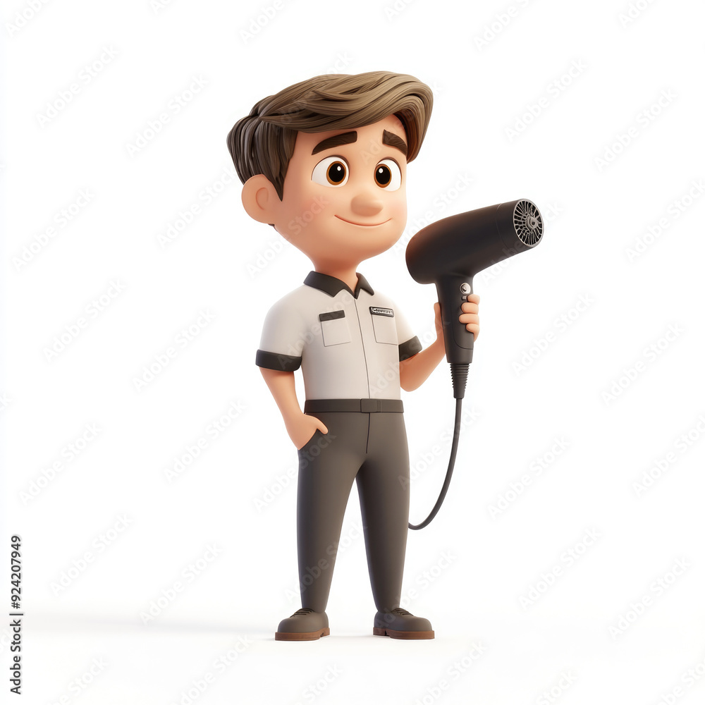 3D cartoon, a female hairdresser uniform profession. on a solid white background
