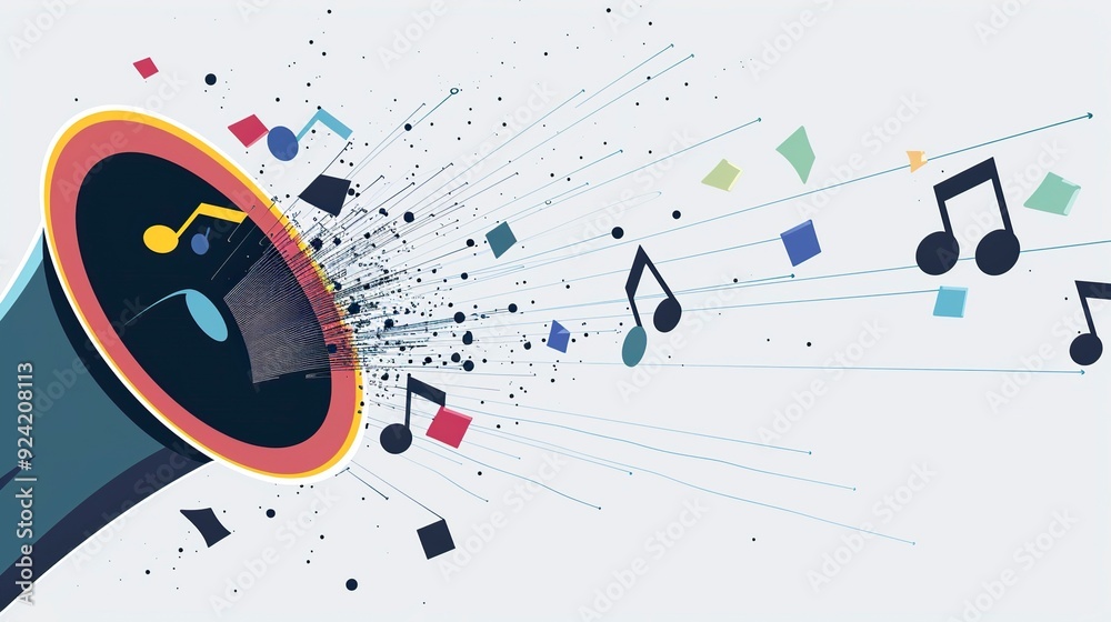 Obraz premium a minimalist flat 2D vector style speaker on the left side of a widescreen canvas, with a few simple geometric music notes emerging from it and floating across to the right, generative ai