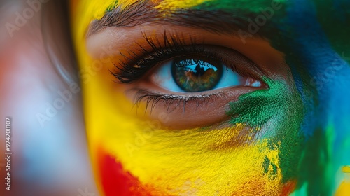 A fan's colorful painted face captures intense emotions and enthusiasm for their team.