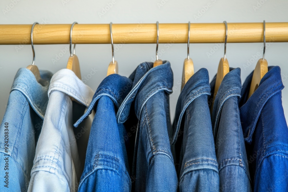 A neatly organized row of blue jeans hanging on a clothing rack representing the versatility comfort and timeless appeal of denim in everyday fashion