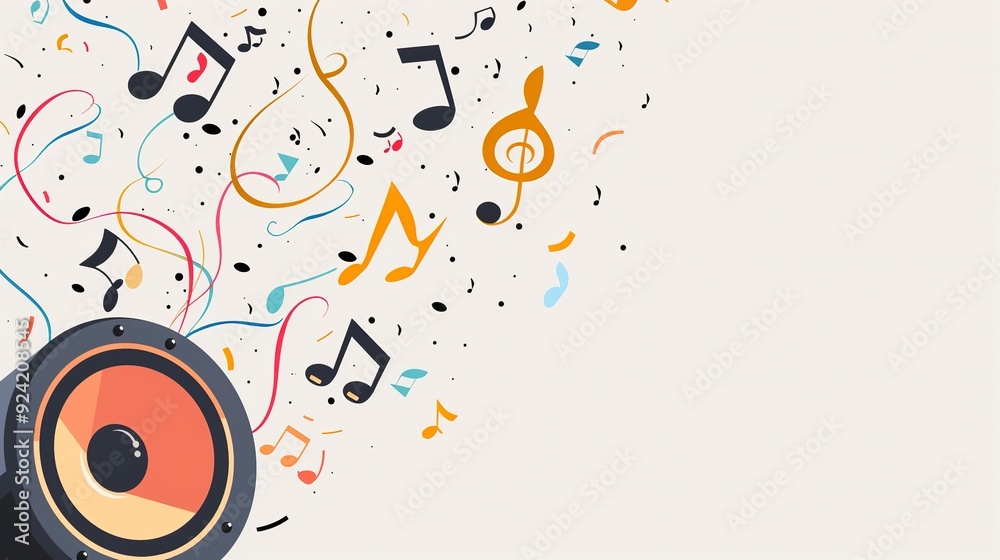 a minimalist flat 2D vector style speaker on the left side of a widescreen canvas, with a few simple geometric music notes emerging from it and floating across to the right, generative ai a minimalist flat 2D vector style speaker on the left side of a widescreen canvas, with a few simple geometric music notes emerging from it and floating across to the right, generative ai