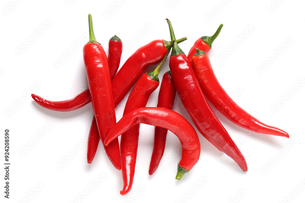 Red hot chili peppers on white background. Top view Red hot chili peppers on white background. Top view