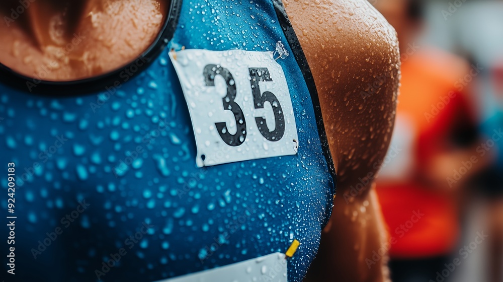A close-up of a marathon bib reveals sweat-soaked fabric, telling tales of endurance and grit.