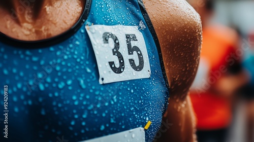 Obraz na płótnie A close-up of a marathon bib reveals sweat-soaked fabric, telling tales of endurance and grit. w salonie
