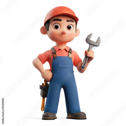 3D cartoon, a male mechanic service uniform profession. on a solid white background