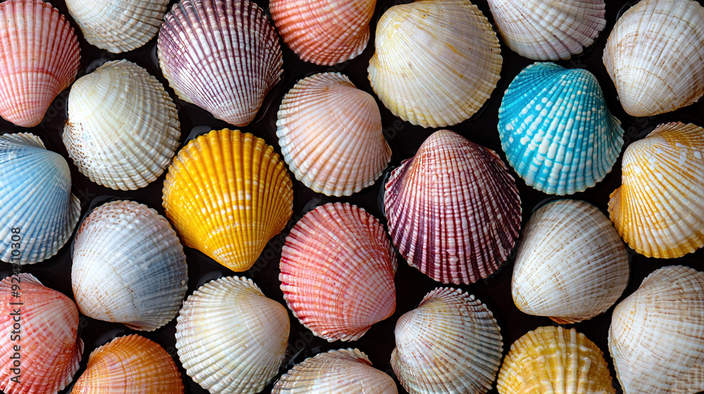 Colorful seashell cluster on black surface on table Colorful seashell cluster on black surface on table
