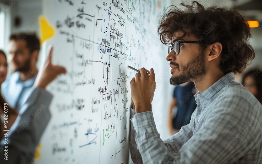 Focused Businessman Writing on Whiteboard During Meeting Focused Businessman Writing on Whiteboard During Meeting