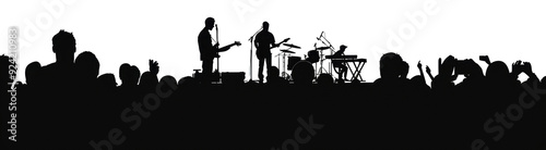 Excited crowd with raised hands at concert isolated on transparent background