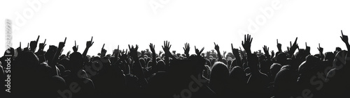 Excited crowd with raised hands at concert isolated on transparent background