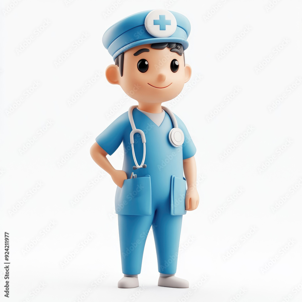 3D cartoon, a male nurse uniform profession. on a solid white background 3D cartoon, a male nurse uniform profession. on a solid white background
