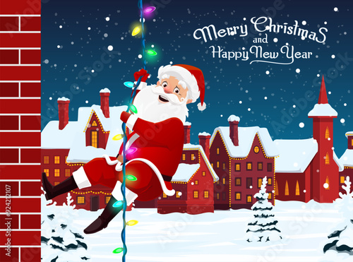 Secret Santa party for Christmas, cartoon Santa hanging on garland, vector banner. Winter holiday Merry Christmas and Happy New Year greeting card with secret Santa and gifts in snowy town