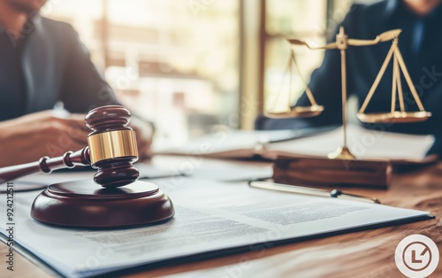 Gavel and Scales of Justice on a Table in a Courtroom