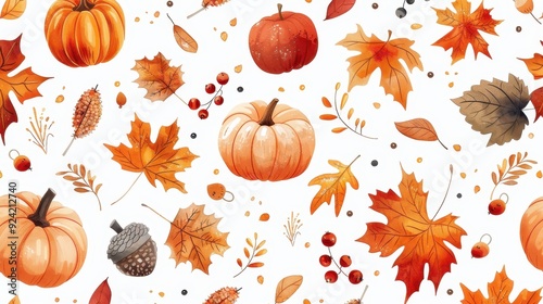 Watercolor Autumn Pattern with Pumpkins, Leaves, and Berries