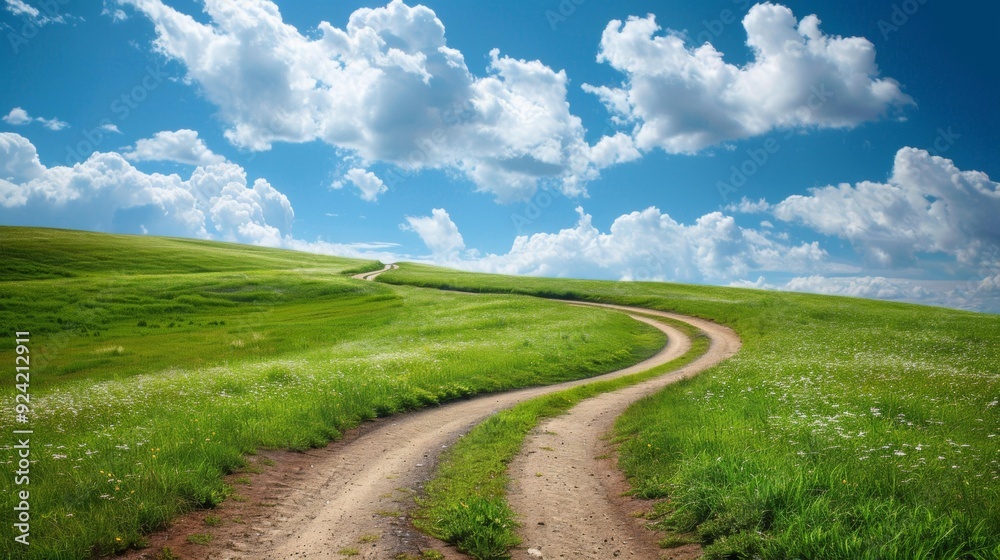 Scenic winding dirt road leads through lush green fields under bright blue sky, fluffy white clouds float above, inviting peaceful outdoor adventure and exploration. Scenic winding dirt road leads through lush green fields under bright blue sky, fluffy white clouds float above, inviting peaceful outdoor adventure and exploration.