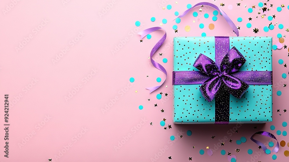 A blue gift box adorned with a purple ribbon and purple bow on a pink backdrop featuring confetti and streamers A blue gift box adorned with a purple ribbon and purple bow on a pink backdrop featuring confetti and streamers
