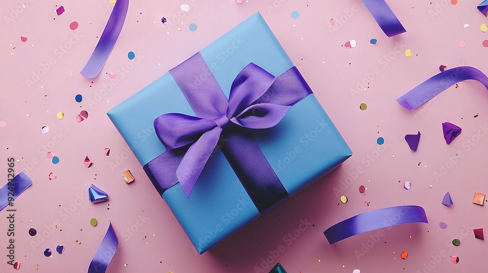   A blue gift box with a purple bow surrounded by confetti streamers
