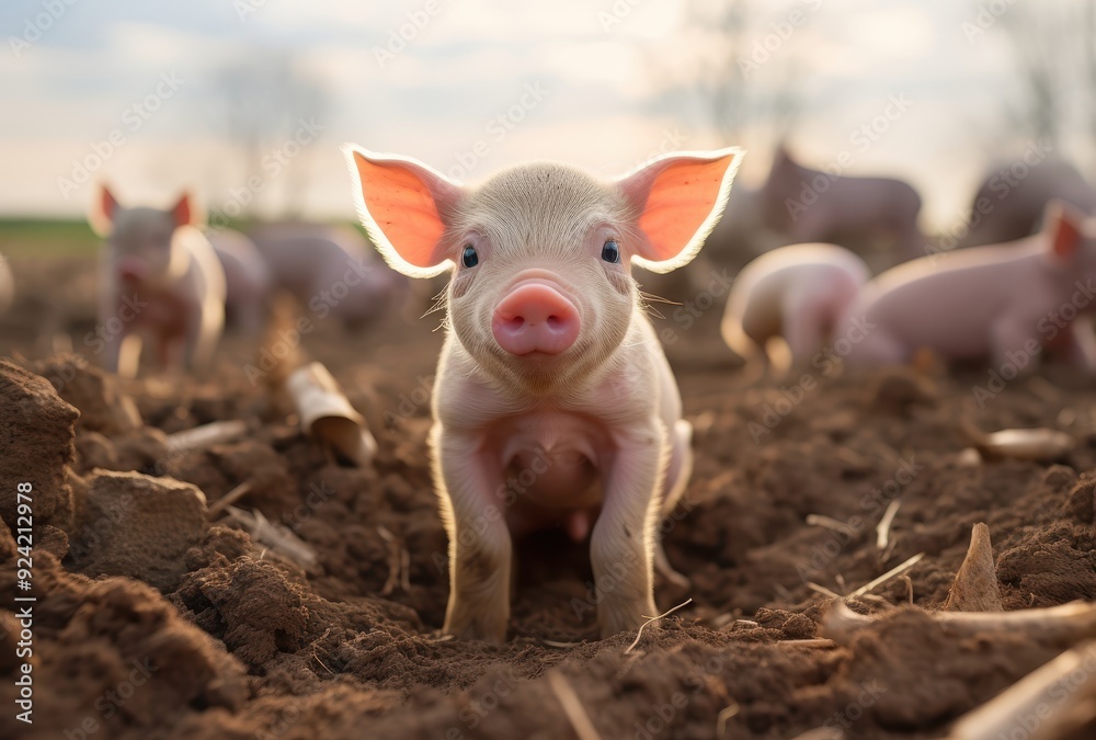 A Curious Piglet Looking Up At The Camera In A Field A Curious Piglet Looking Up At The Camera In A Field