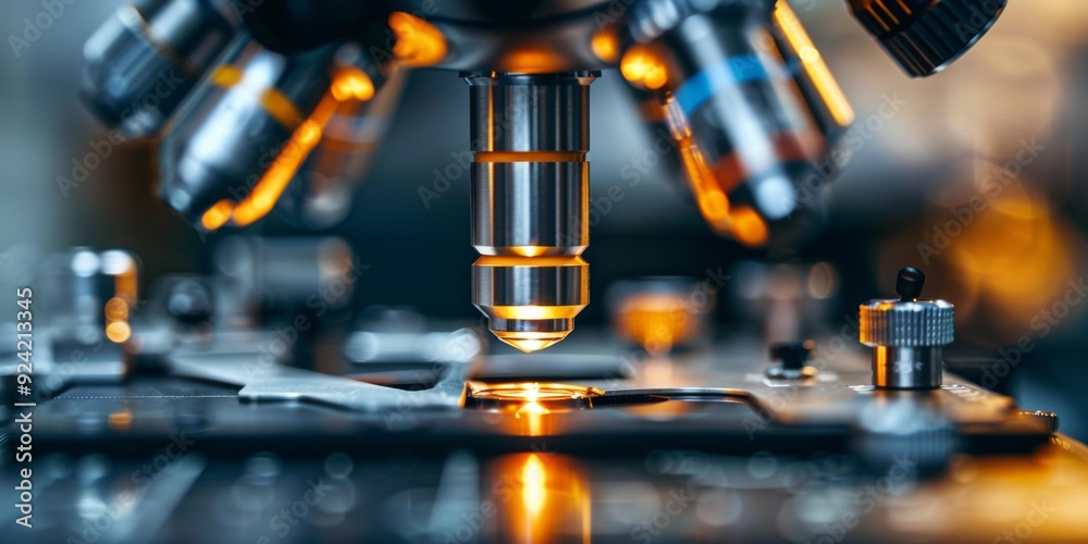 Close up of advanced microscope examining laboratory sample, illuminated by bright light, showcasing precision technology in scientific research and development. Close up of advanced microscope examining laboratory sample, illuminated by bright light, showcasing precision technology in scientific research and development.