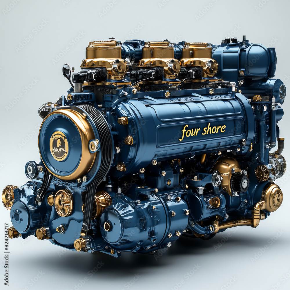 Realistic photo of an engine with a three-dimensional interpretation, featuring a logo design of Realistic photo of an engine with a three-dimensional interpretation, featuring a logo design of