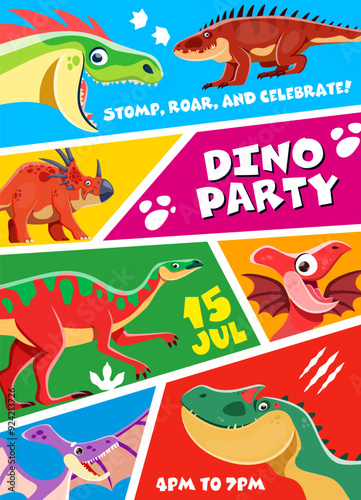 Kids dino party flyer with dinosaurs or funny cartoon dino, vector invitation poster background. Kids party flyer for birthday or music entertainment and summer event with cute Jurassic dinosaurs