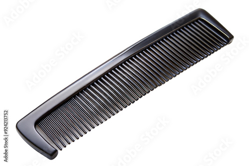 Black plastic comb with fine teeth isolated on transparent background