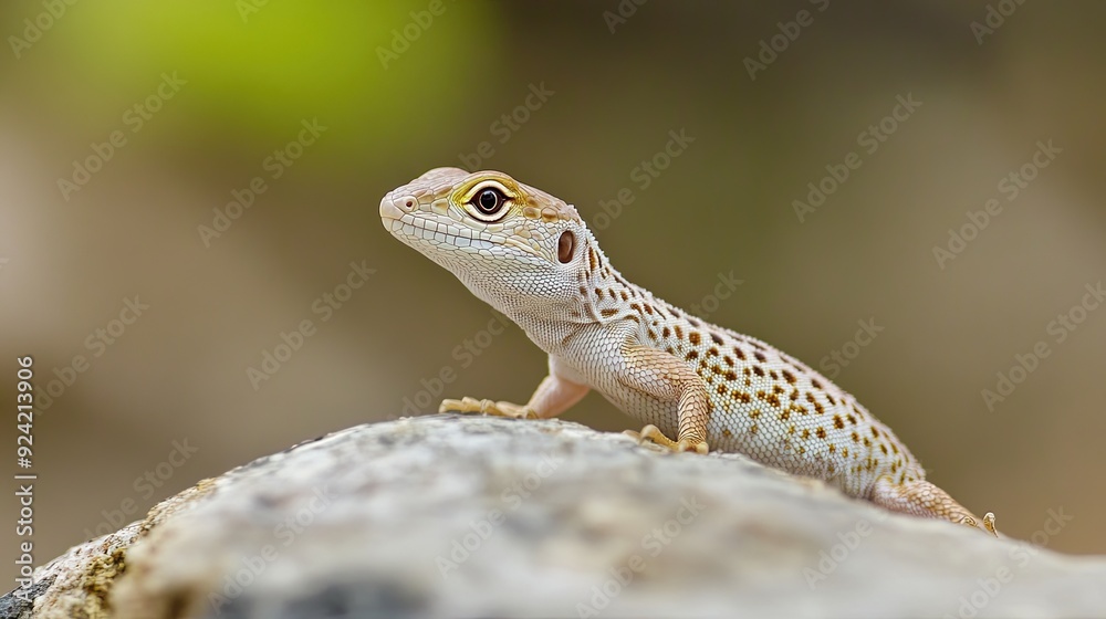 A small lizard with a white and brown spotted body sits on a rock, looking up and to the left, with a blurred green and brown background. A small lizard with a white and brown spotted body sits on a rock, looking up and to the left, with a blurred green and brown background.
