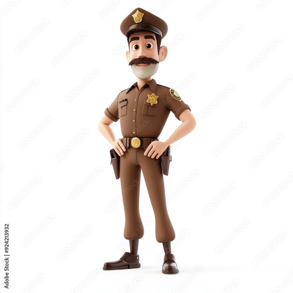 3D cartoon, a male police in a brown uniform profession. on a solid white background 3D cartoon, a male police in a brown uniform profession. on a solid white background