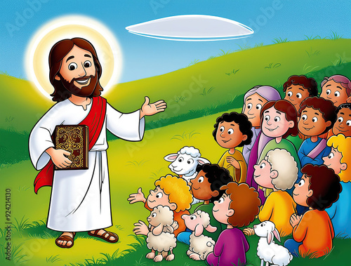 Jesus with a children group cartoon character illustration
