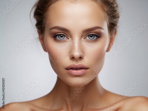 Close-up Portrait of a Young Woman with Blue Eyes and Light Makeup