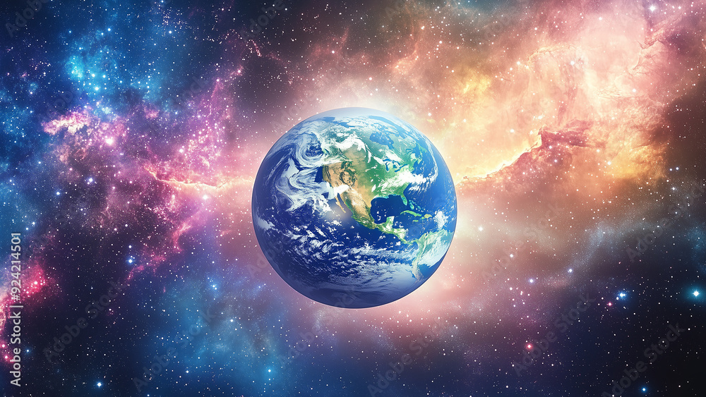 Obraz premium The planet Earth, floating in space, is surrounded by colorful nebulae and stars.