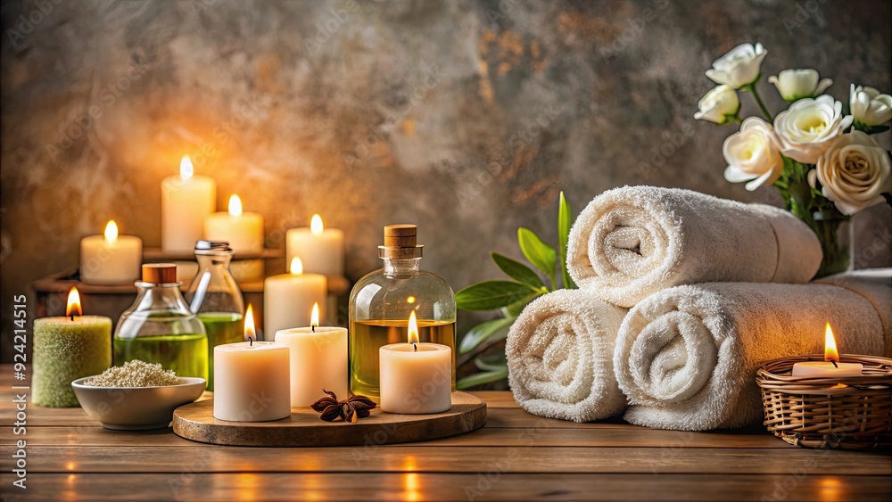 Luxury spa accessories in a high-end spa salon with towels, candles, and aroma oils ready for massage and treatments, luxury Luxury spa accessories in a high-end spa salon with towels, candles, and aroma oils ready for massage and treatments, luxury