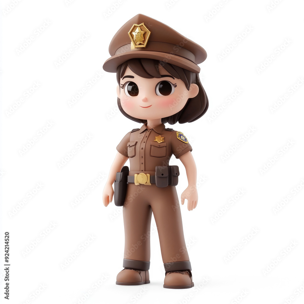 3D cartoon, a female police in a brown uniform profession. on a solid white background 3D cartoon, a female police in a brown uniform profession. on a solid white background