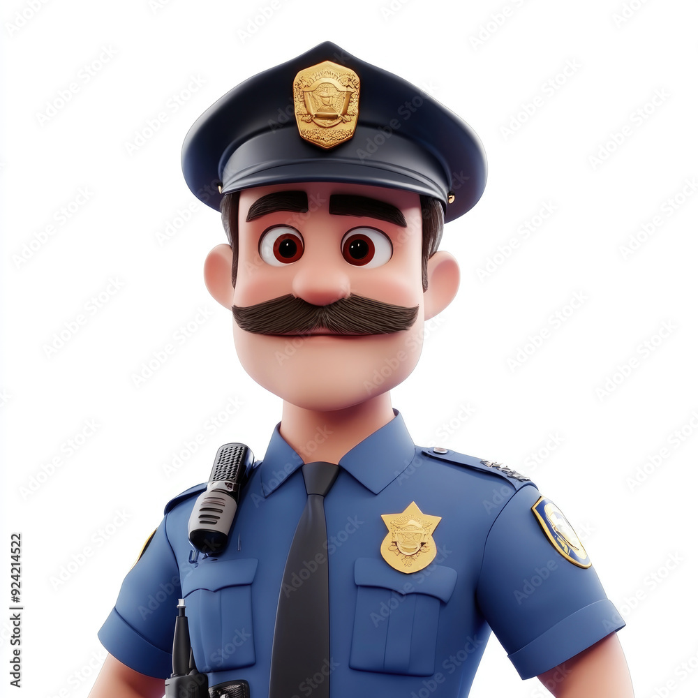 3D cartoon, a male police in a blue uniform profession. on a solid white background 3D cartoon, a male police in a blue uniform profession. on a solid white background