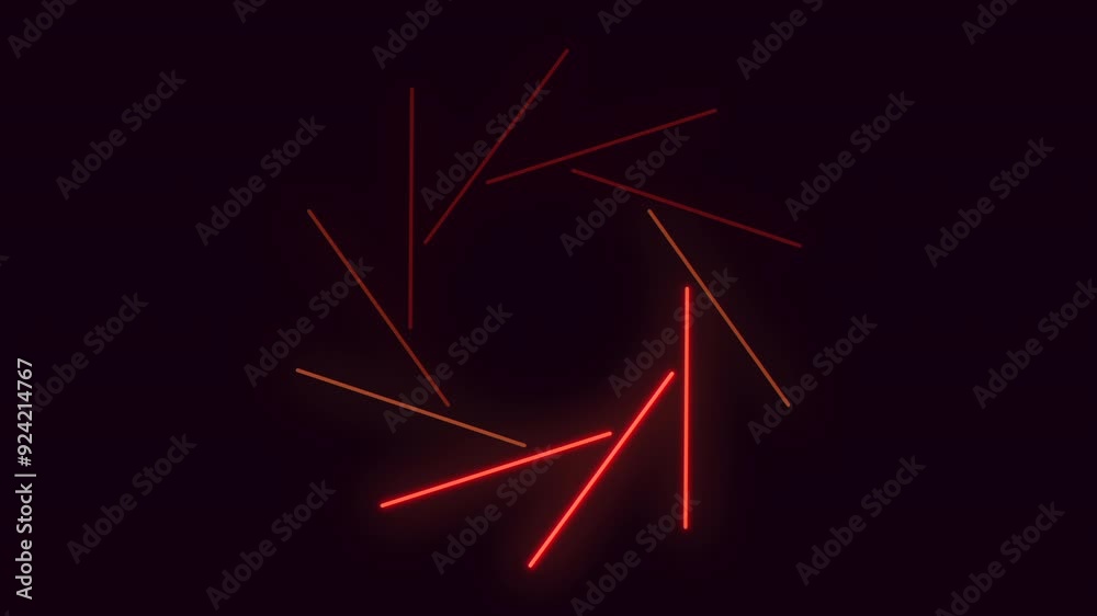 Vibrant neon lights illuminate a circular design, with intersecting and free-floating lines creating a mesmerizing pattern. A captivating blend of red, orange, and energy