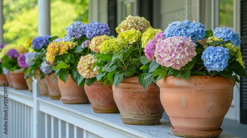  A row of flower pots perched on a window sill, brimming with a vibrant array of blossoms