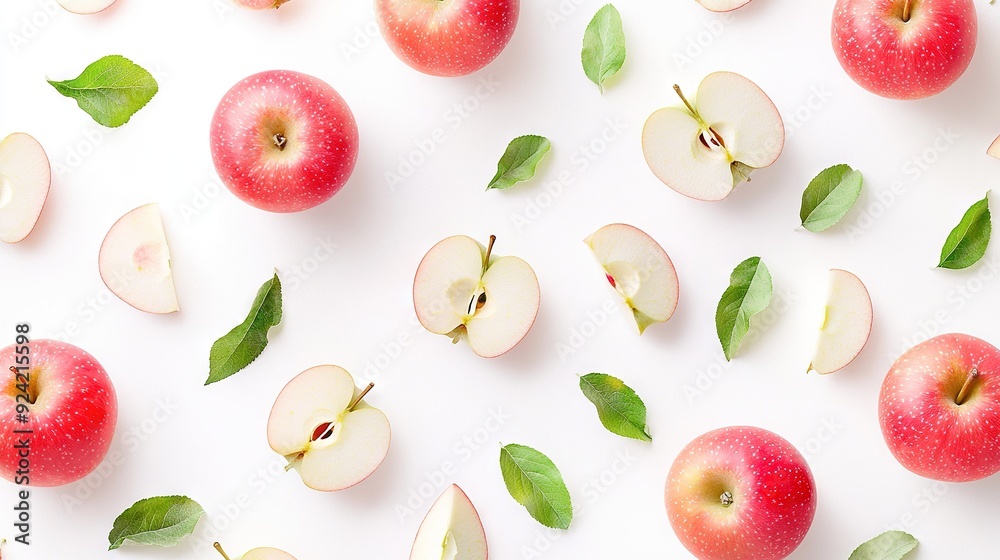 A photo captures an array of apples atop a white surface, their leaves and slices visible Atop one apple rests a lush green leaf A photo captures an array of apples atop a white surface, their leaves and slices visible Atop one apple rests a lush green leaf