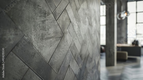 An industrial loft space is softened with embossed leather wall panels in a muted gray tone showcasing a distressed chevron pattern for a mix of texture and edginess. photo