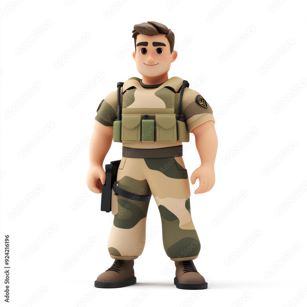 3D cartoon, a male soldier in camouflage uniform profession. on a solid white background 3D cartoon, a male soldier in camouflage uniform profession. on a solid white background