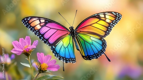  A vibrant butterfly rests on a bloom amidst a hazy backdrop of roses, daisies, and foliage