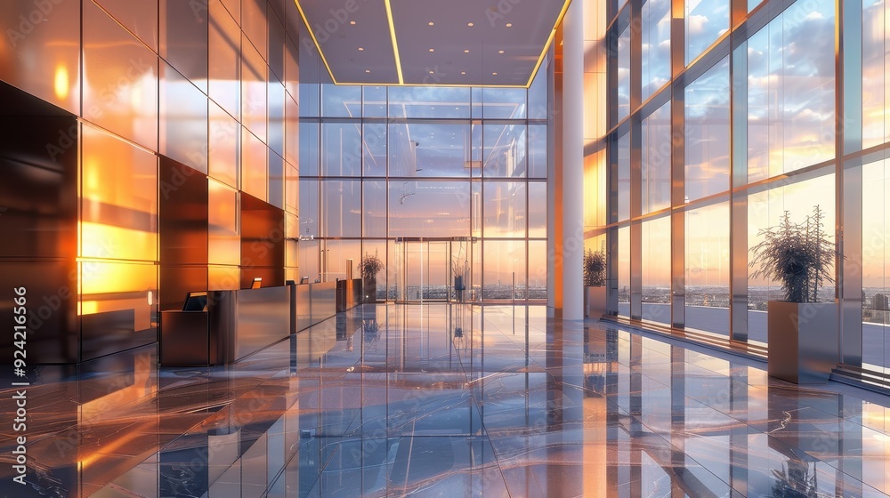 Modern Office Lobby with Large Windows and Cityscape Views