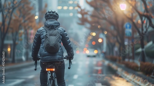 Cyclist Riding Through Foggy City Street