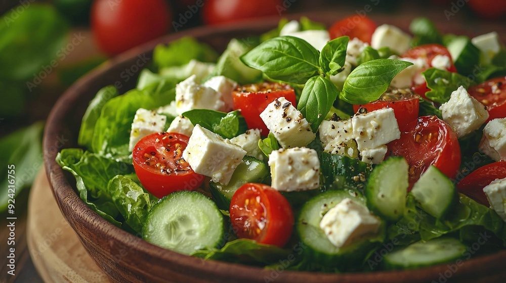 Wooden bowl filled with fresh cucumber, juicy tomato, and creamy feta cheese atop crisp lettuce Wooden bowl filled with fresh cucumber, juicy tomato, and creamy feta cheese atop crisp lettuce