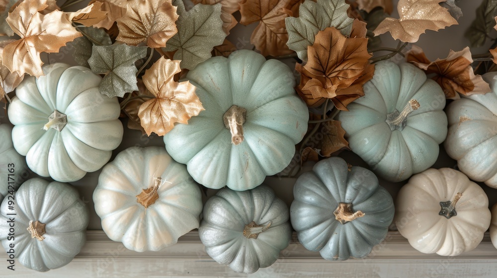 A Cluster of Painted Pumpkins with Gold and Green Leaves A Cluster of Painted Pumpkins with Gold and Green Leaves