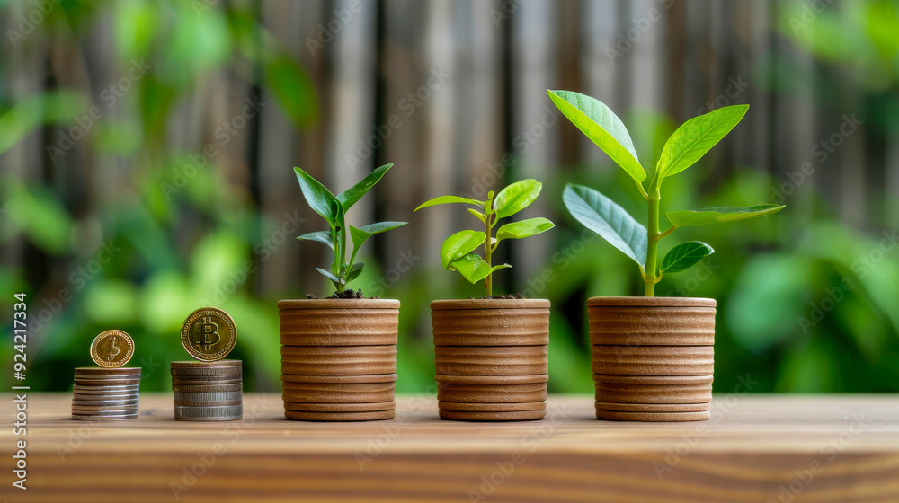 Growth And Investment Concept with Plants on Coins Growth And Investment Concept with Plants on Coins