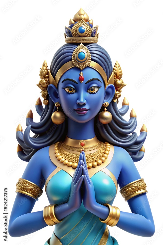 Blue-skinned goddess with four arms in lotus pose on pink lotus