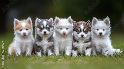  A lush green field with a group of puppies sitting on top, surrounded by trees in the background